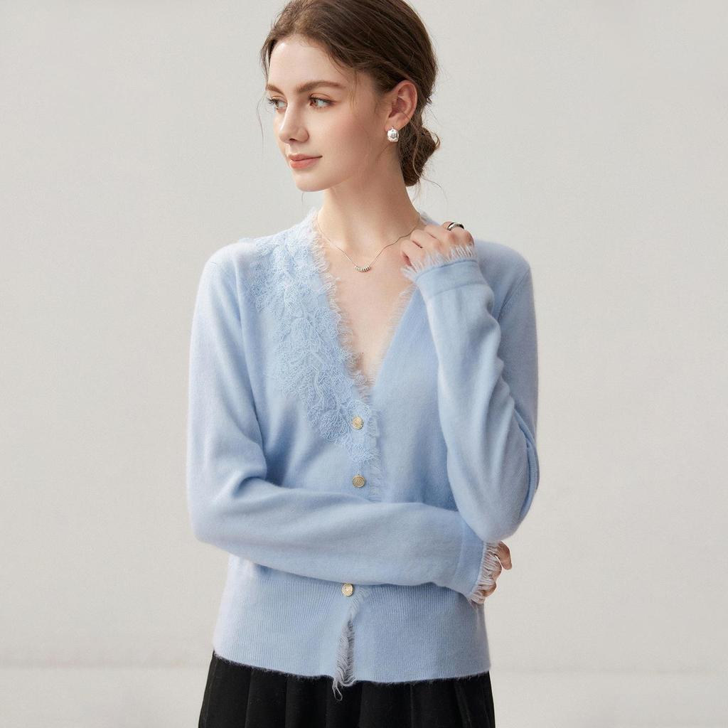Women's Cashmere V-Neck Patchwork Lace Trim Cardigan