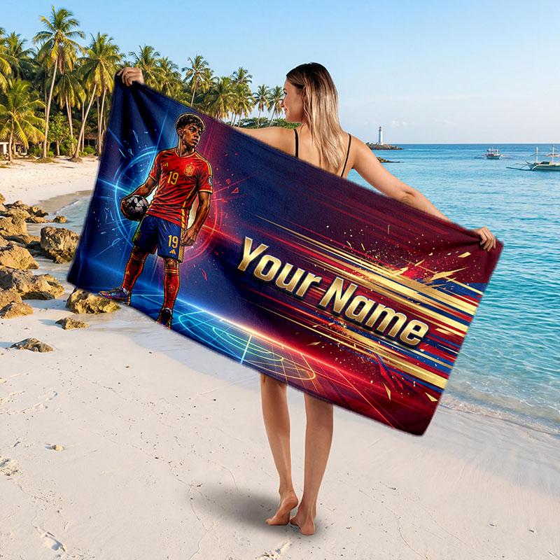 Asciugamano da Spiaggia Personalizzato Lamine Yamal, Stampa Testo Nome Personalizzato, Asciugamano Morbido ad Asciugatura Rapida con Logo Calcio, Regalo per le Vacanze