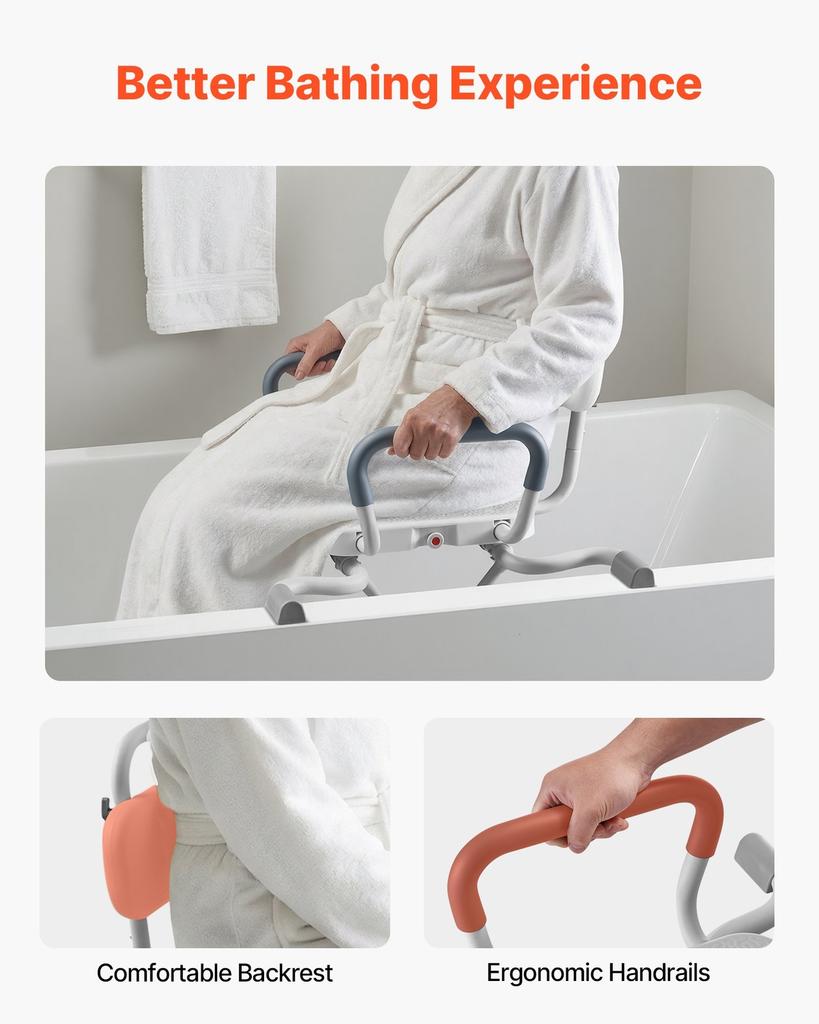 Swivel Shower Chair with Arms and Back, 100 Kg Heavy Duty Bench Seat for Inside Shower Stall and Bathtub Mounting, Bathroom Bath Tub Seat for Adults,