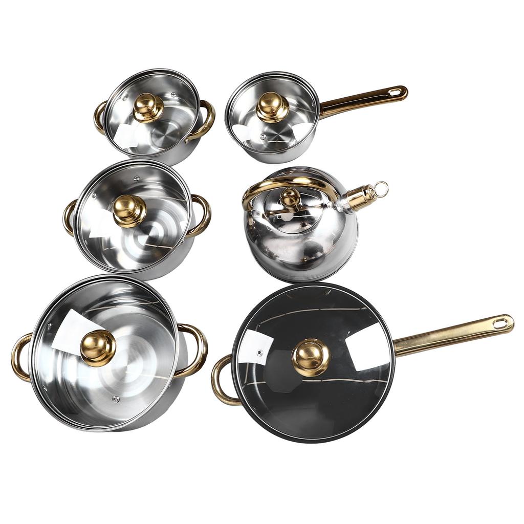 12-teiliges Küchen-Topf-Set aus Edelstahl mit goldenem Griff, glatt, robust, leicht zu reinigen, Kochgeschirr-Set für den Hausgebrauch