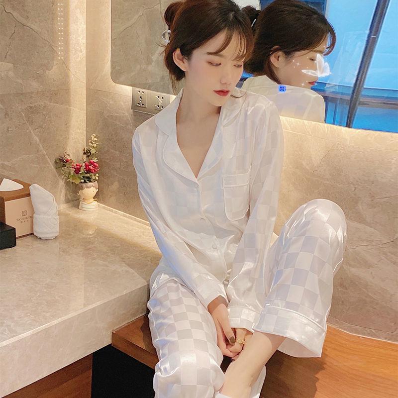 Women's Ice Silk Pajama Set - Long-Sleeved Top & Trousers for Spring/Autumn