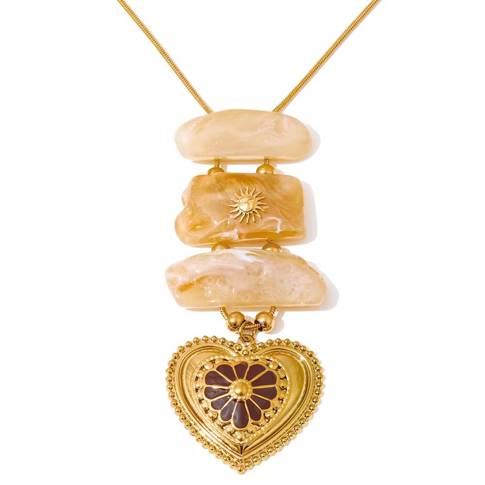 Eetit Exclusive Resin Imitation Stone Rectangle Heart Pendant Necklace Stainless Steel Fashion Statement Jewelry Waterproof