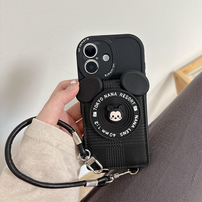 Cartoon Mickey Mouse Camera Wallet Mobile Phone Case Suitable For Iphone17 Card Pack Apple 16 Portable Lanyard 14 Anti-Drop