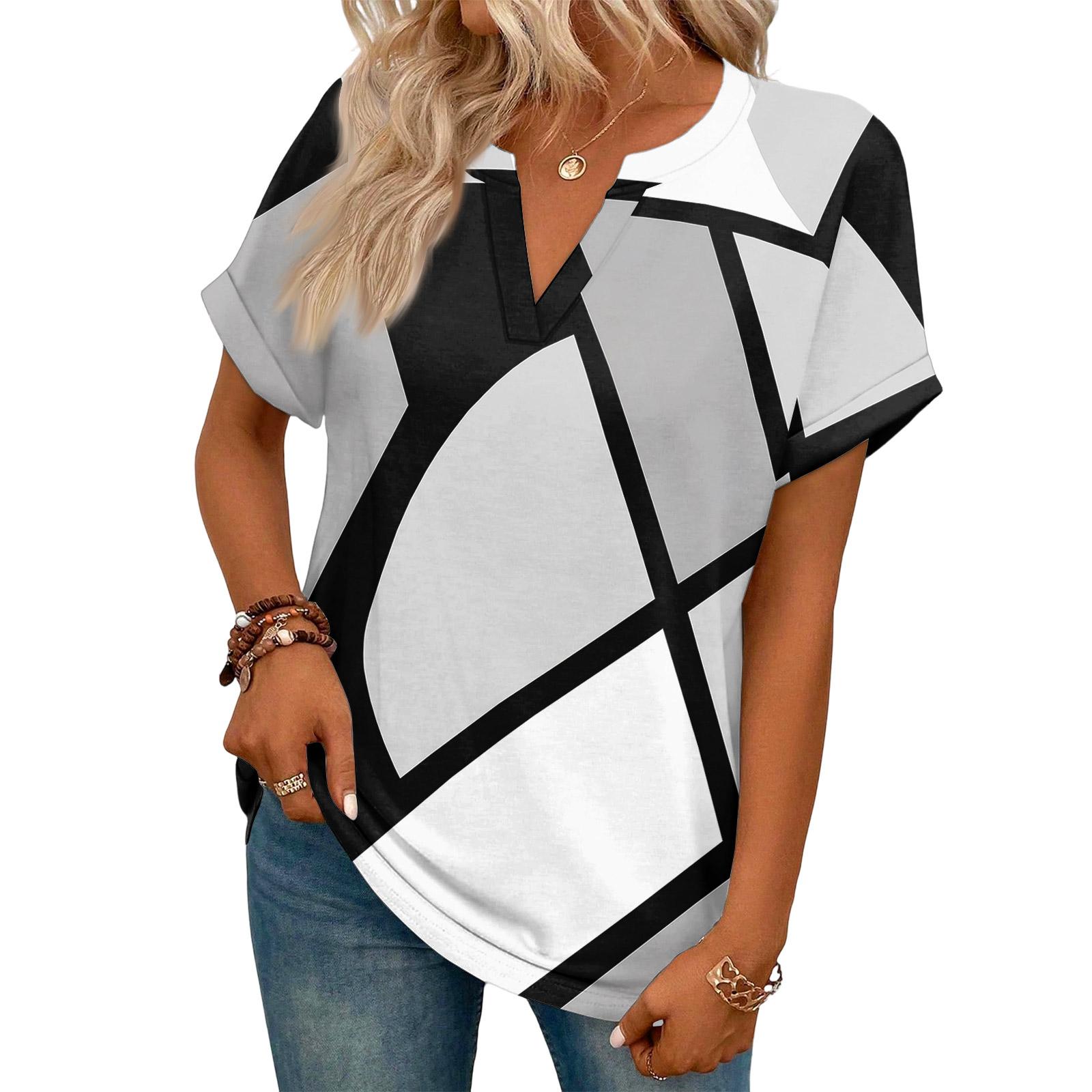 Fashionable Women s Casual V-neck Short-sleeved Retro Plaid T-shirt L чёрный