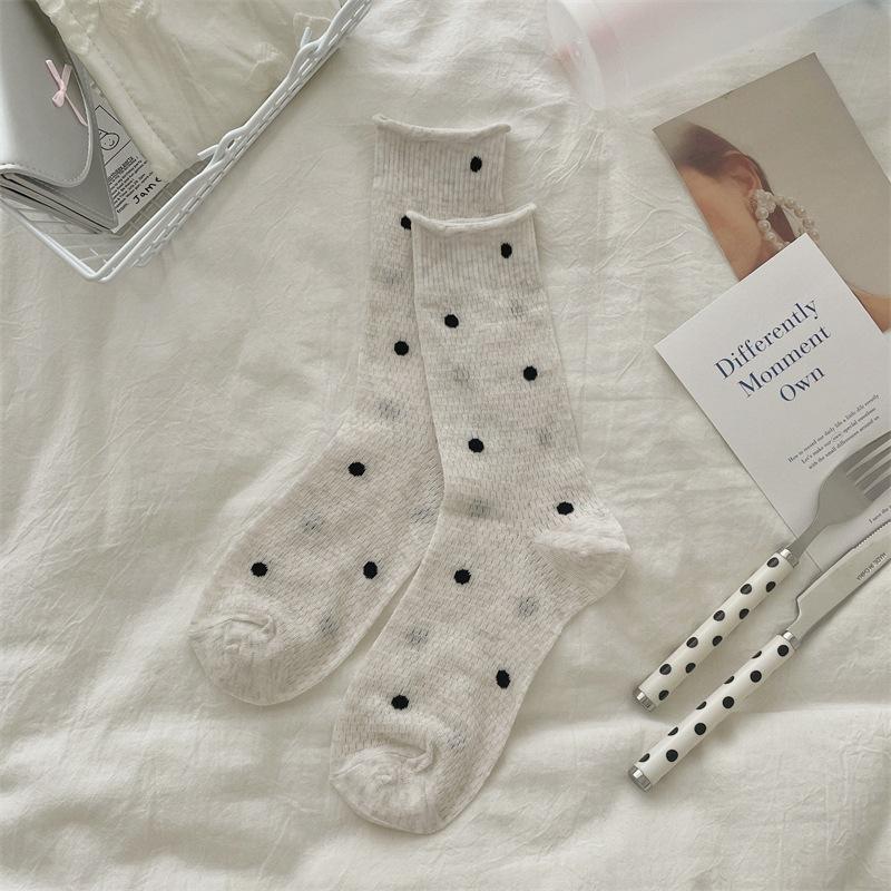 Dünne Polka-Dot-Socken für Damen für Frühling und Sommer, Wadenlange Socken, Mesh Atmungsaktiv, Gerollt, Lange Socken aus reinem Baumwollplüsch