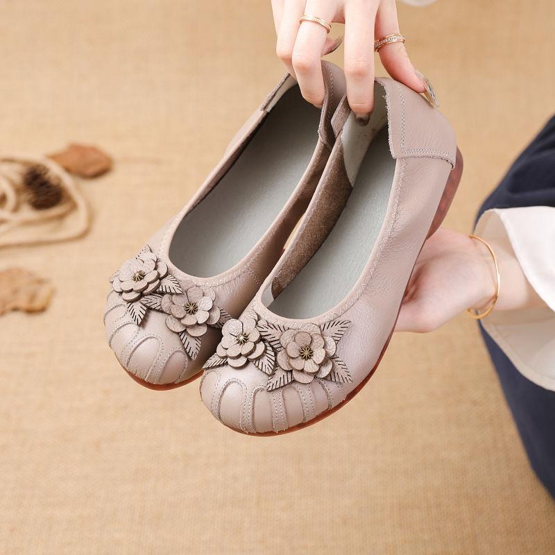 New Real Cow Leather Ballet Flats Woman Slim Foot Shoes Ladies Vintage Floral Moccasins Woman Luxury Flattie Beige Slip On Shoes