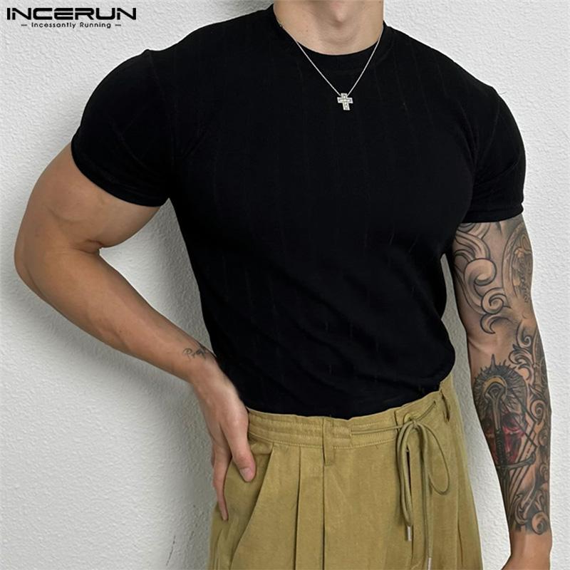 INCERUN Summer Men Short Sleeve Fitted Tops Casual Muscle Knitted T-shirts