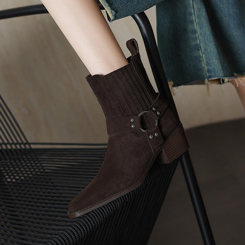 Fashion 2025 New Leather Shoes Women Genuine Square Toe High Heel Ankle Boots Thick Square Heel Slip on Western Boots Cowboy Boots Women