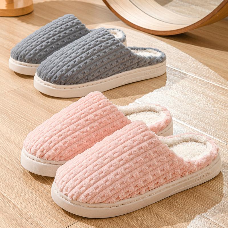 Plaid Cotton Slippers Men's Winter New Velvet Warm Inner Cotton Drag Couple Cotton Shoes Non-slip Silent Wool Slippers