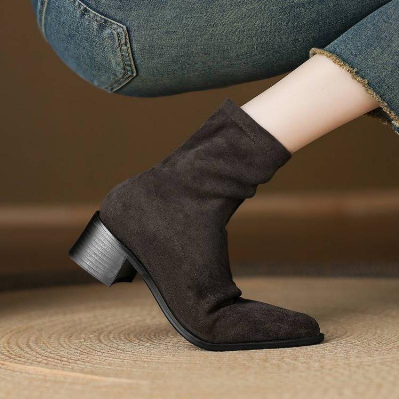 New Comfortable Rubber Sole Pointed Large Size Women's Boots Solid Color Elastic Suede Square Heel Medium Tube Boots Autumn and Winter Martin Boots Wo