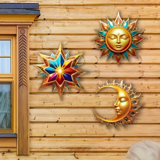 3Pcs Sun Moon Star Wall Decorations Waterproof Bohemian Sun Moon Star Wooden Wall Art Set Outdoor Indoor Hanging Decor Retro