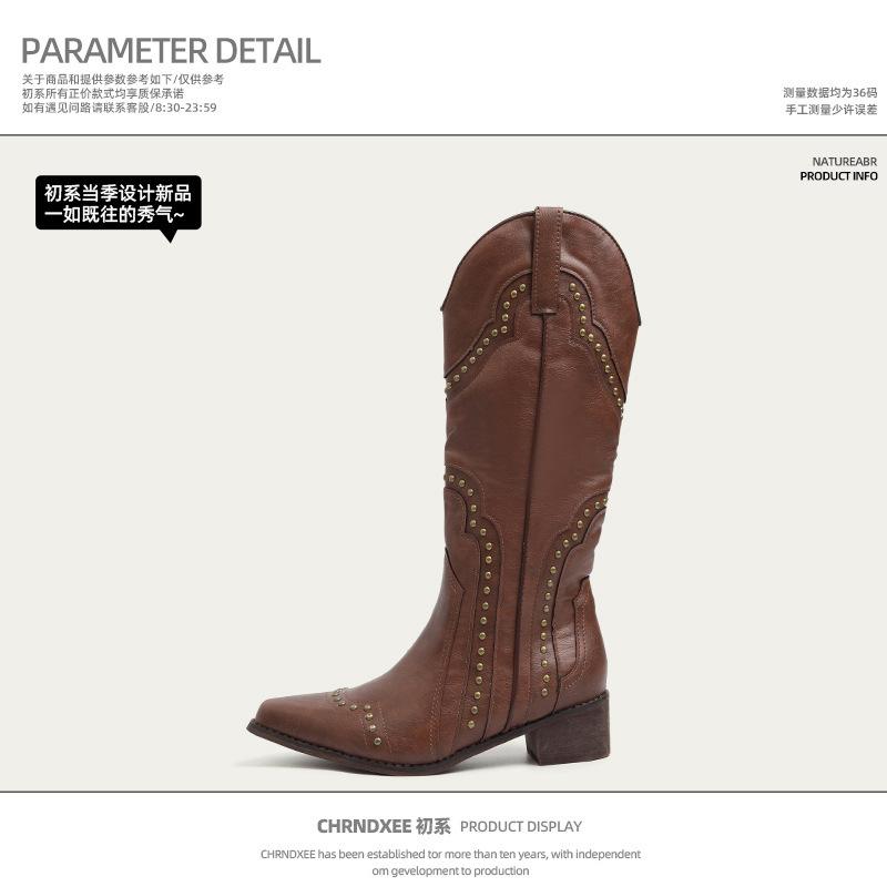 Cowhide Edition~ 2025 New Brown Pointed V-mouth Western Cowboy Boots Women s Maillard Rivet Embroidered Coarse Heel Medium Boots 34