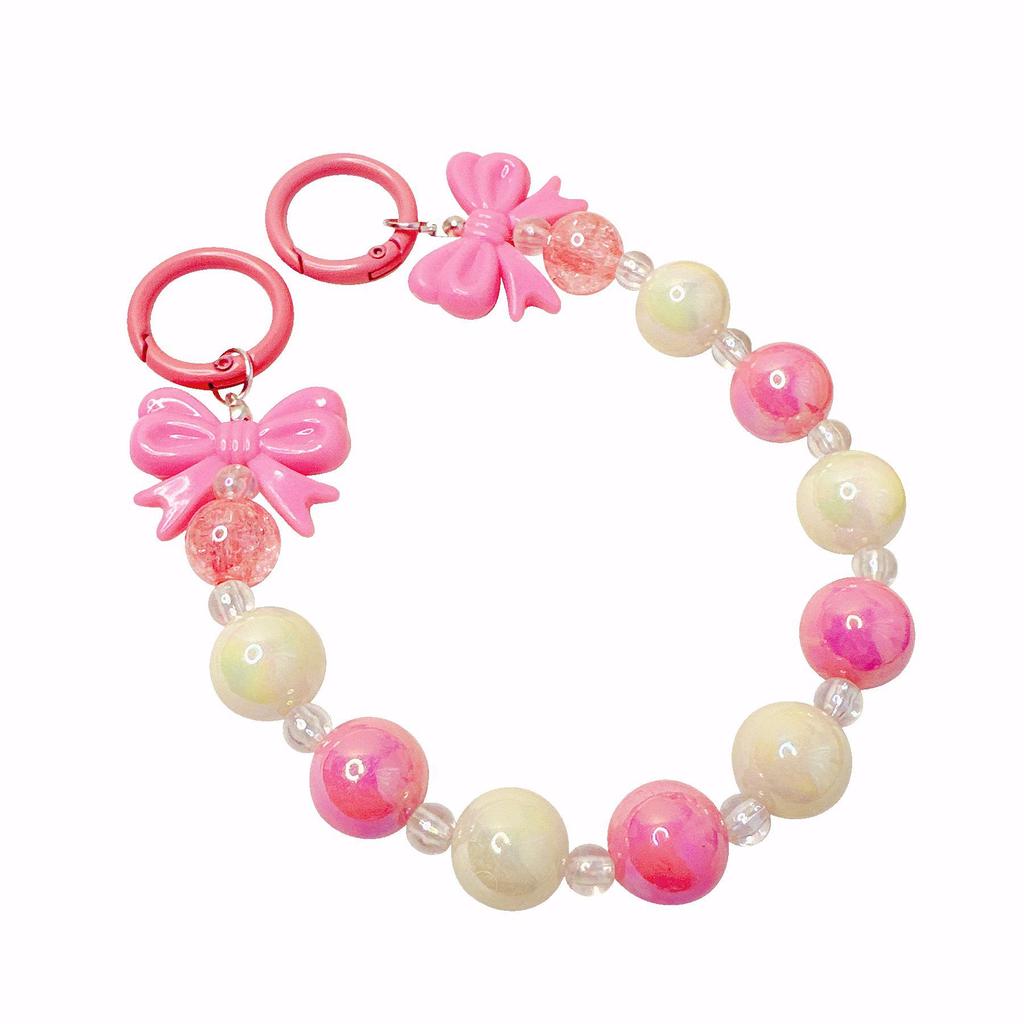 Handmade candy-colored bow bead pendant phone case chain for female students - beaded hand-held jewelry and bag accessory.