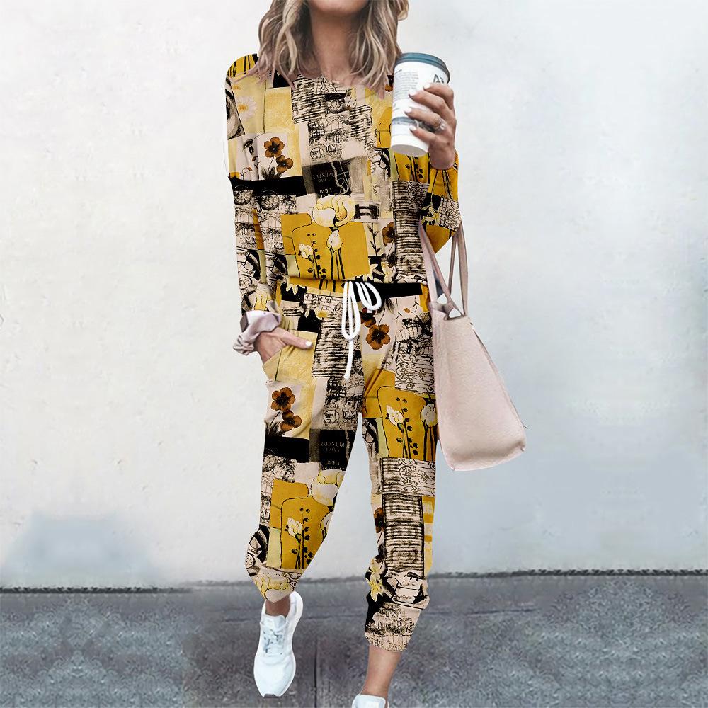 High-End Fashion Sports Sweater Set Women'S Autumn Loose Casual Long-Sleeved Printed Top Bundle Leg Pants Two-Piece Set