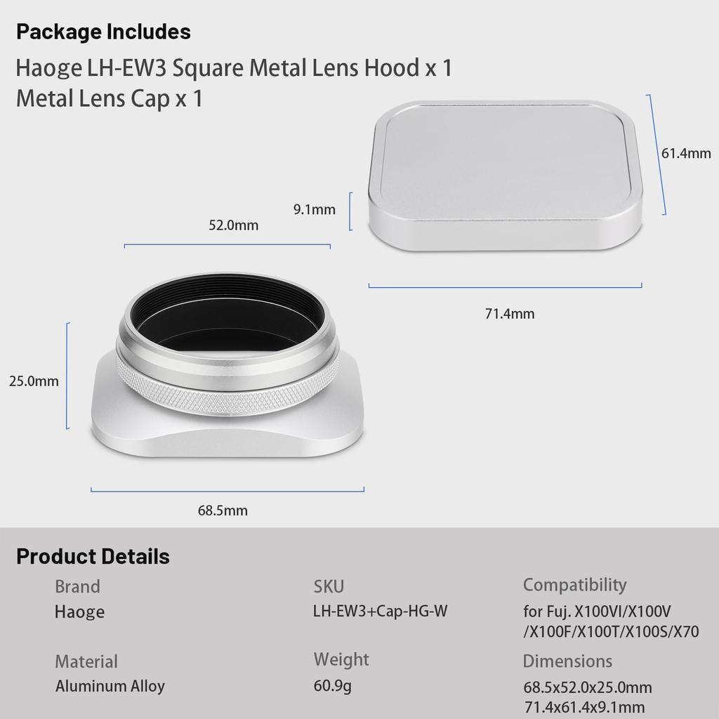 Haoge Square Metal Lens Hood with 49mm Adapter Ring for Fujifilm FinePix X100V Cameras Silver LH-EW3 X100, X100S, X100T, X100F, X70, (Fujifilm