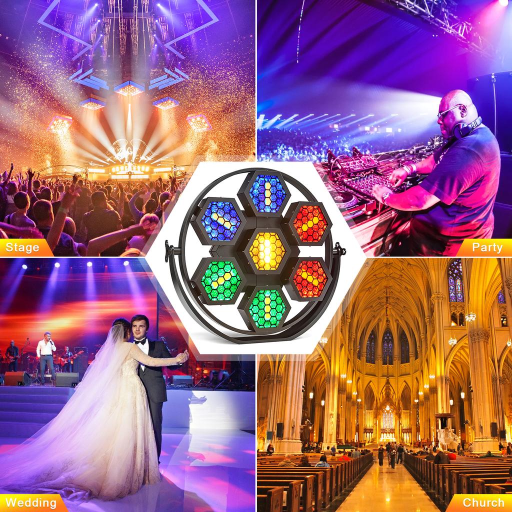 200W Hexagonal 7PCS RGBW LEDs Mini Retro Lights DMX512 DJ Show Stage Effect Light 8/32CH Channel for Church Concert Wedding