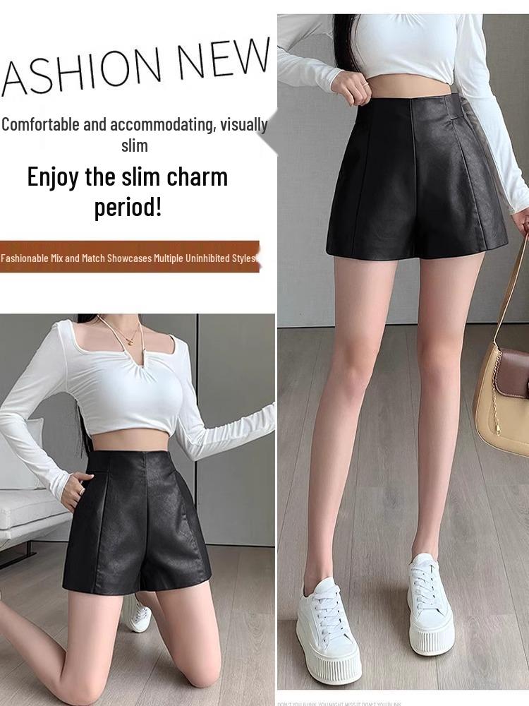 Women's High-Waist Leather Shorts - Slimming A-Line, Wide-Leg, Korean Style for Autumn/Winter 2023