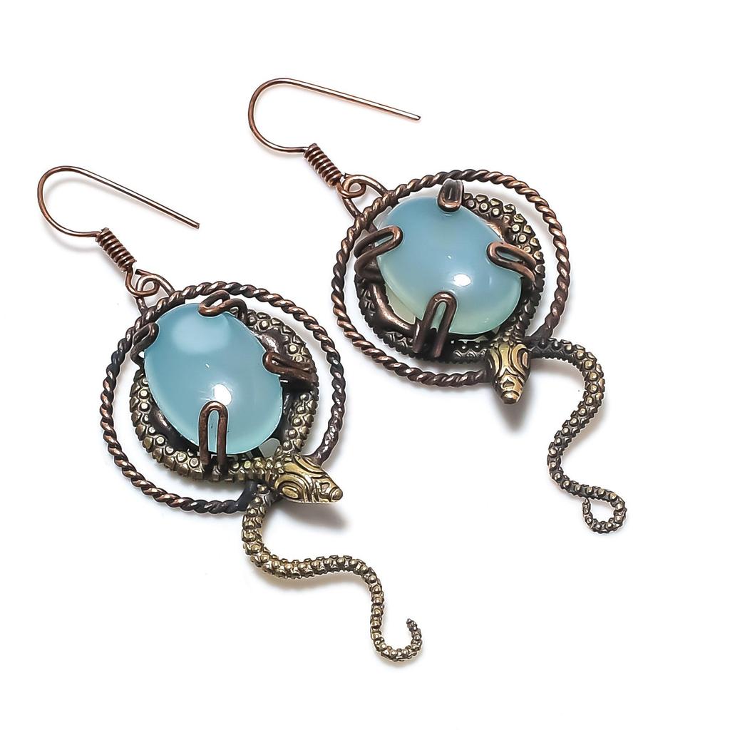 Blue Chalcedony 999 Copper Wire Wrapped Earrings, Handmade Gemstone Earrings Jewelry, Gifts For Wife Brand New Earrings