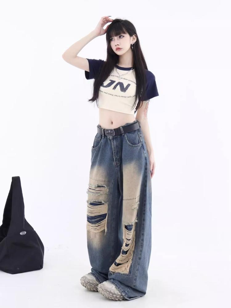 Gothic Black Jeans High Waist Vintage Women Korean Fashion Y2k Streetwear Ripped Pants Female Harajuku Casual Wide Leg Denim Trousers