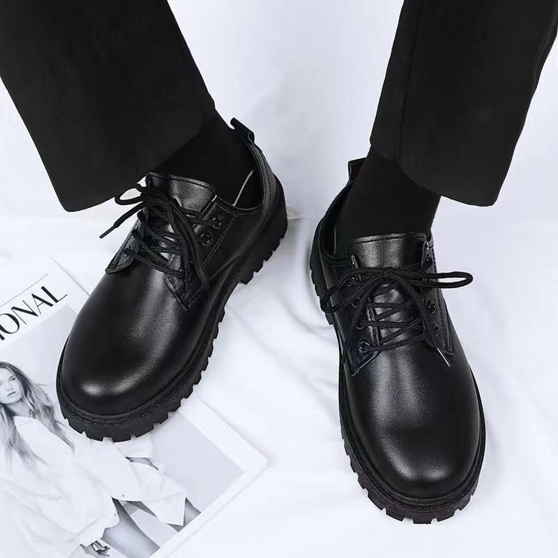 Four Seasons PU thick-soled soft-soled casual leather shoes waterproof soft leather surface all black leather shoes