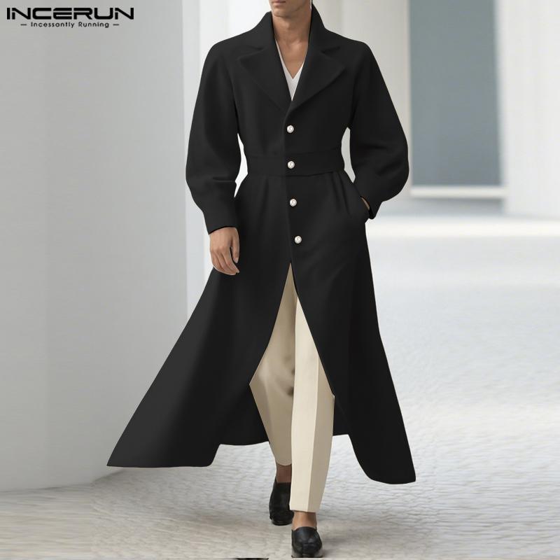 INCERUN Winter Men Long Sleeve Turn-down Collar Long Woolen Melton Coats Outwear