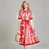 Vintage Rotes Barock-Print Hemdblusenkleid Damen Umlegekragen Kurzarm Knopfleiste Vorne Gürtel Hohe Taille Party Urlaubs Midi-Kleid