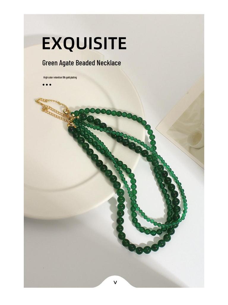 Elegant Green Agate Layered Necklace: High-End Ethnic Design with Chalcedony Beads, New Chinese Fashion Style