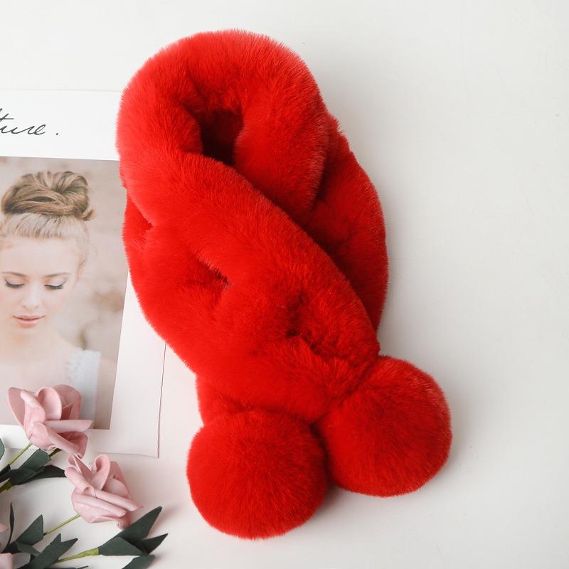 Dame Vinter Ensfarget Skjerf Myk Plysjball Dekor Fuskepels Tykke Skjerf Koselig Halsvarmer Kryss Vindtett Termisk Dame Halsvarmer