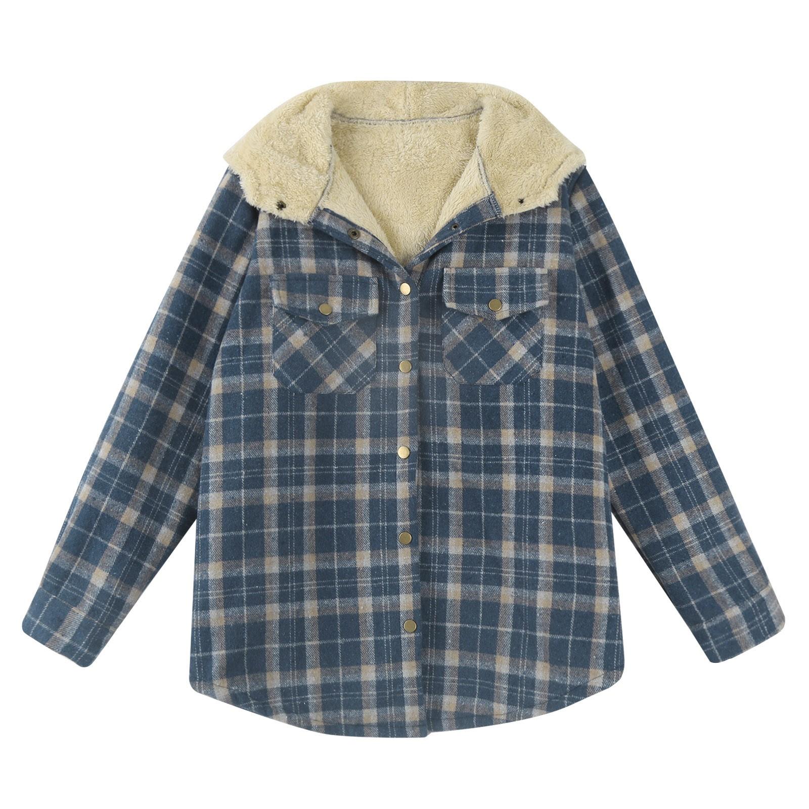 

Женская клетчатая куртка с длинным рукавом на пуговицах, флисовая куртка с капюшоном, теплое пальто L синий
