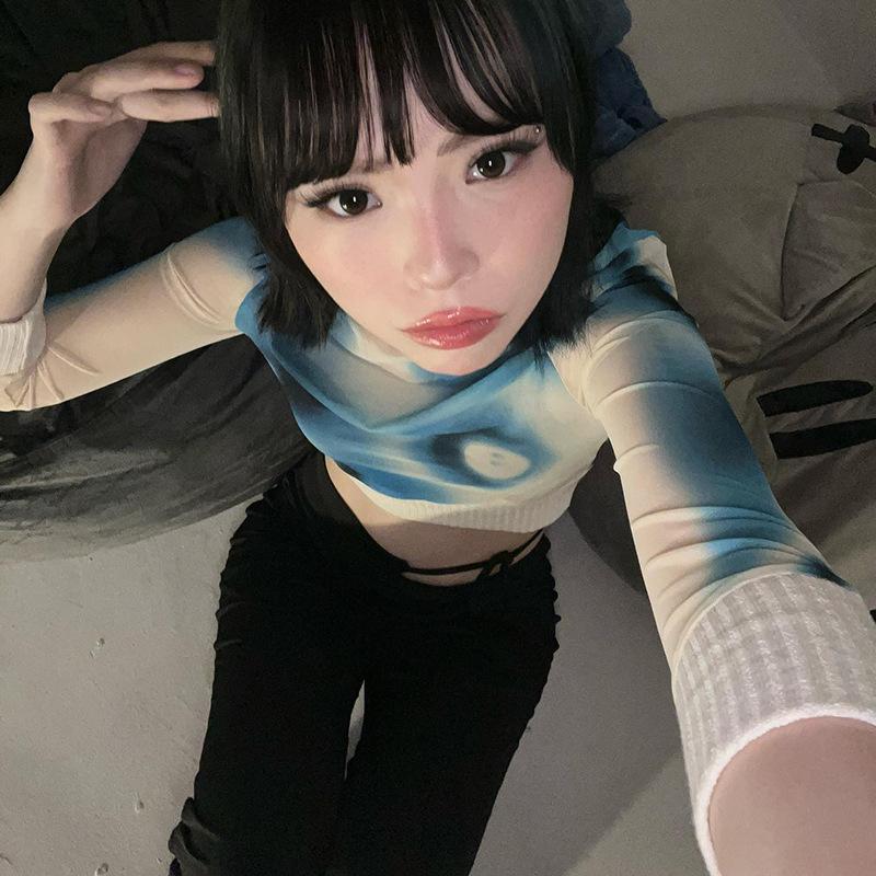 Vintage streetwear 90. léta kravatový potisk Rolák Síťovaná trička Y2K Fashion Patchwork Dlouhý rukáv Crop Tops Dámské Módní trička