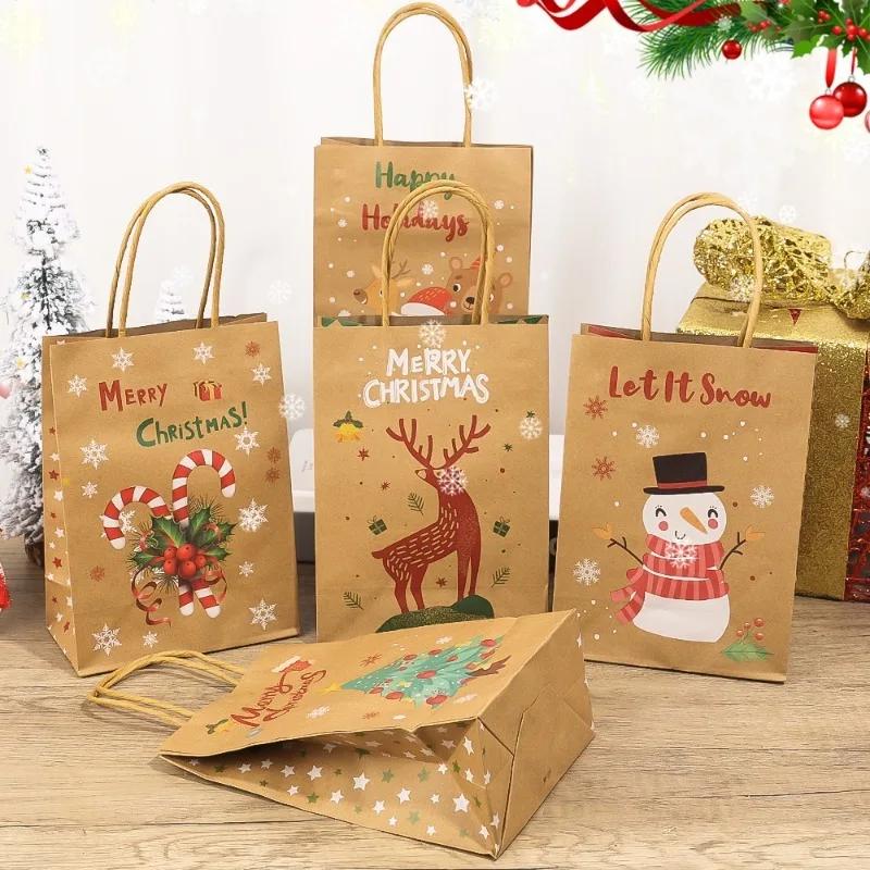5/20x Christmas Kraft Gift Bags with Handles Snowman Santa Tree Designs Geometric Pattern Paper Tote Bags Party Xmas Decoration
