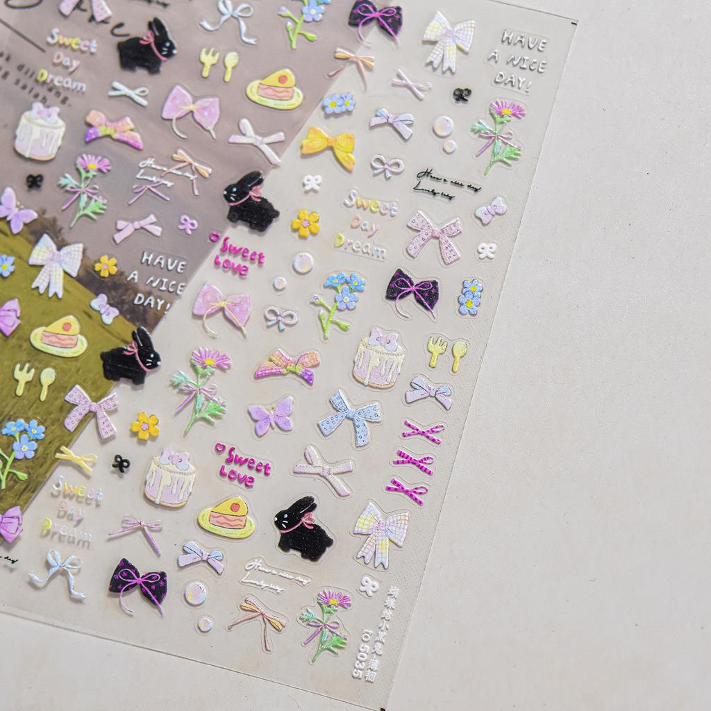 Jelly Cute Pudding Cherry Bowknot Claw Print 5D Nail Art Sticker Tie knot Love Stars Lovely Self Adhesive Manicure Decal