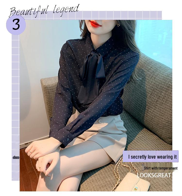 Polka Dot Bowknot Chiffon Blouse - Women's Long Sleeve Autumn Fashion