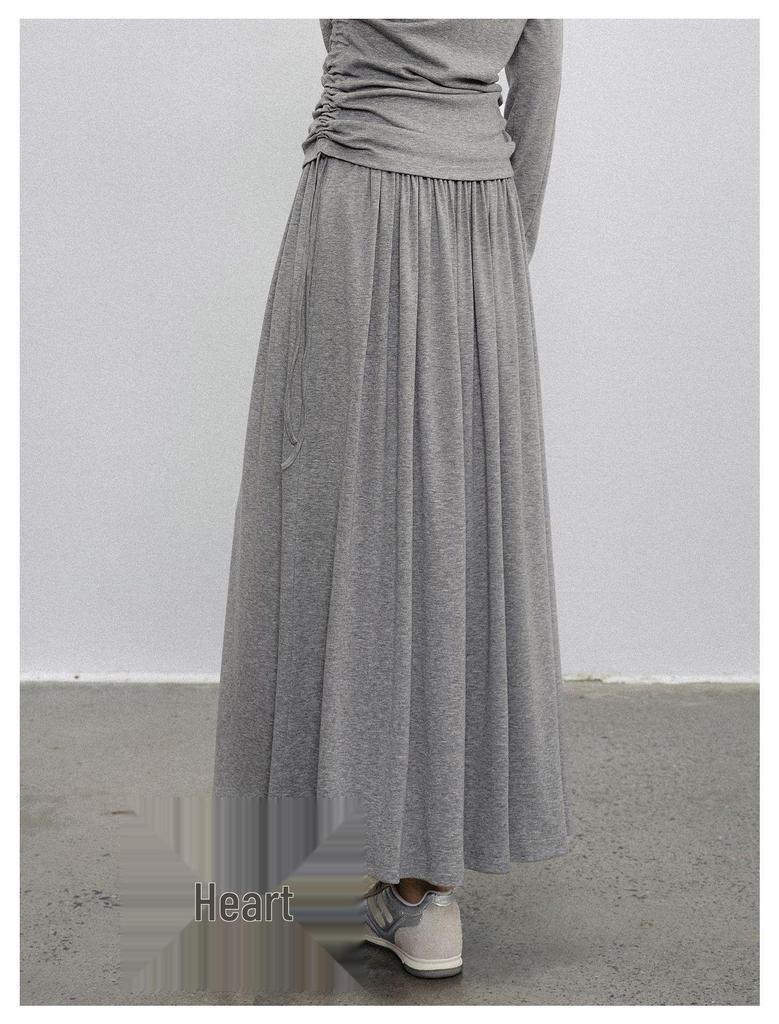 Elegant Gray Pleated High-Waist Maxi Skirt - A-line Spring Design