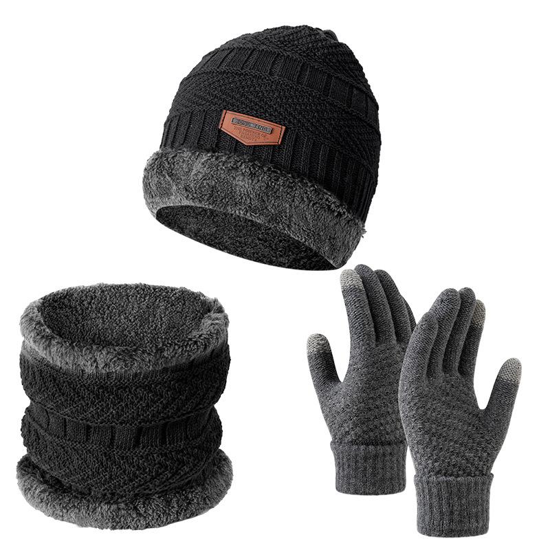 Winter Cycling Warm Set 3 Pieces Anti-Slip Touchscreen Fleece Lined Hat Scarf Gloves Unisex Black