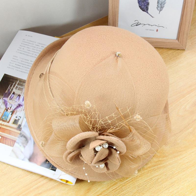 Women S Elegant Pearl Flower Half Roll Wool Bucket Hat Outdoor Fashion