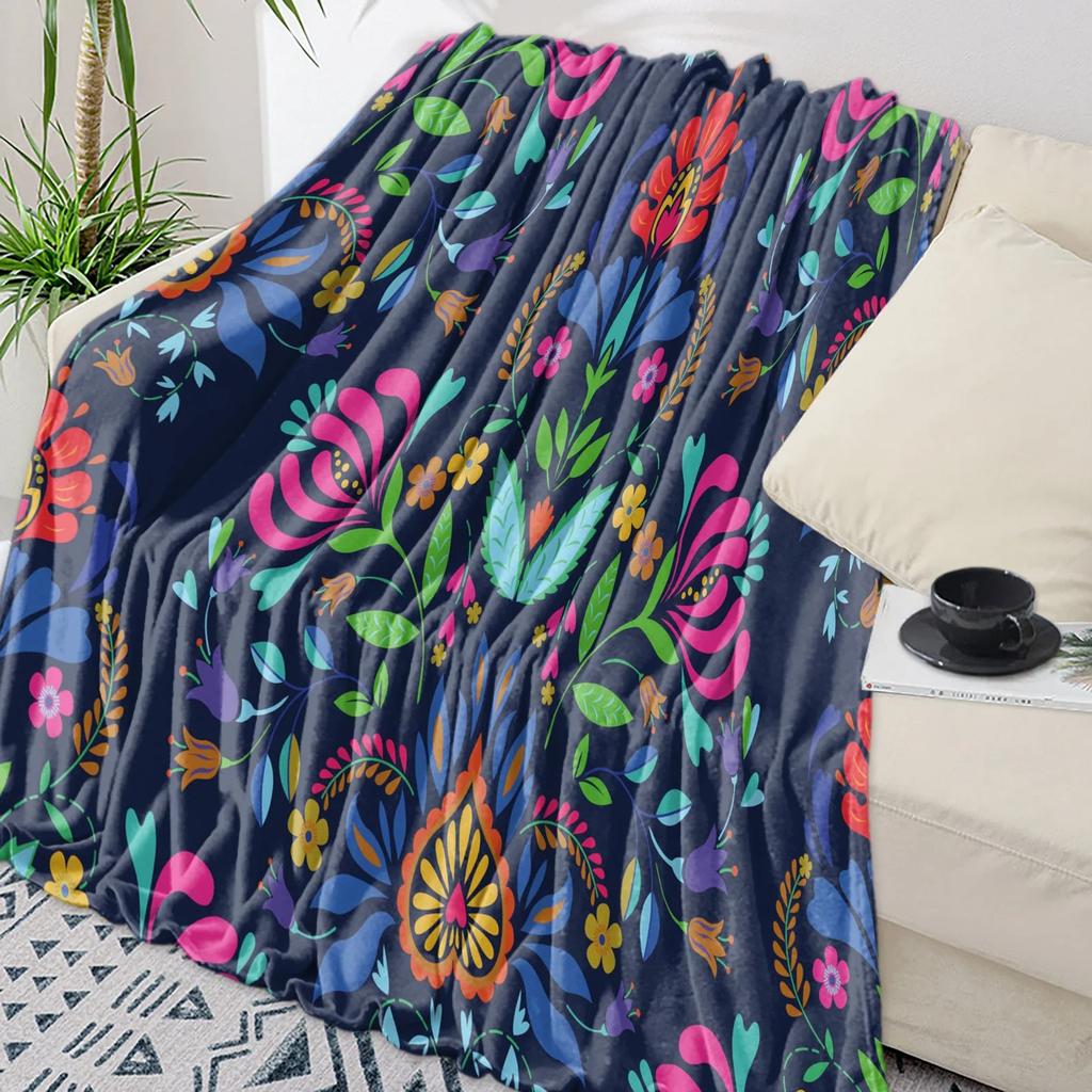 Colorful Mexican Abstract Flower Throw Blanket Warm Flannel for Kids Portable Soft Sofa Bedspread
