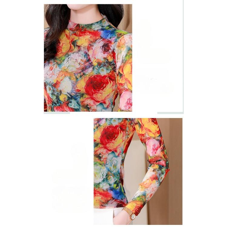 T-shirt in rete a stampa floreale da donna autunnale elasticizzata slim fit top manica lunga maglione
