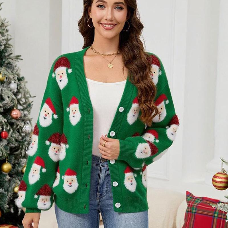 European and American women's clothing casual Santa jacquard sweater cardigan autumn and winter new Christmas sweater