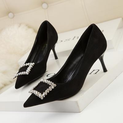 Fashion Apricot High Heels for Women 9.5cm Flock Pumps Crystal Buckle Stiletto Wedding Bridal Scarpins Sexy Lady Footwear