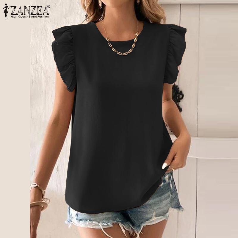

ZANZEA женская летняя свободная блузка с круглым вырезом и короткими рукавами и пуговицами, однотонная