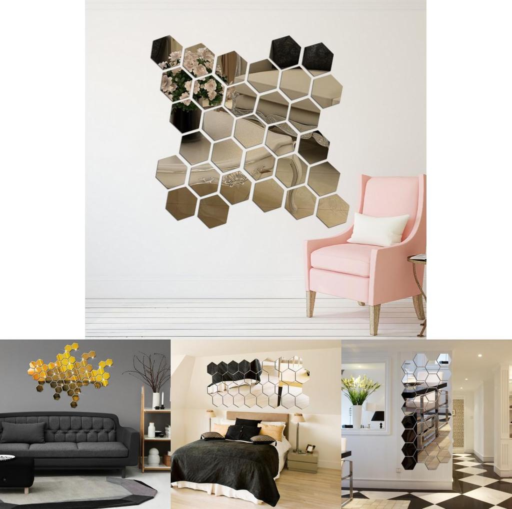 Elegante silberne sechseckige Acryl-3D-Spiegelwandaufkleber für Wohnzimmer und Schlafzimmer