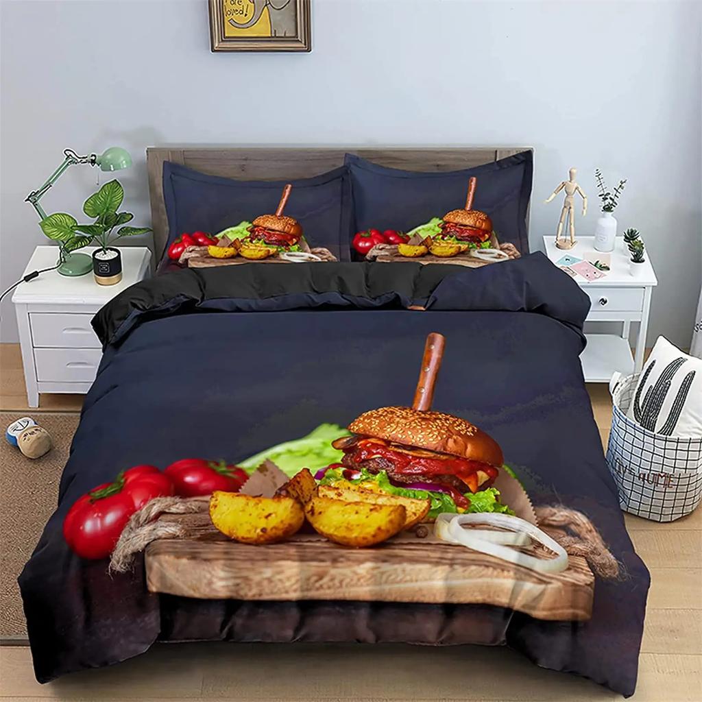 Hamburger Duvet Cover Meat Cheese Fast Food Theme Cartoon Hamburg Pattern Quilt Cover Bedroom Decoration for Children Boys Girls