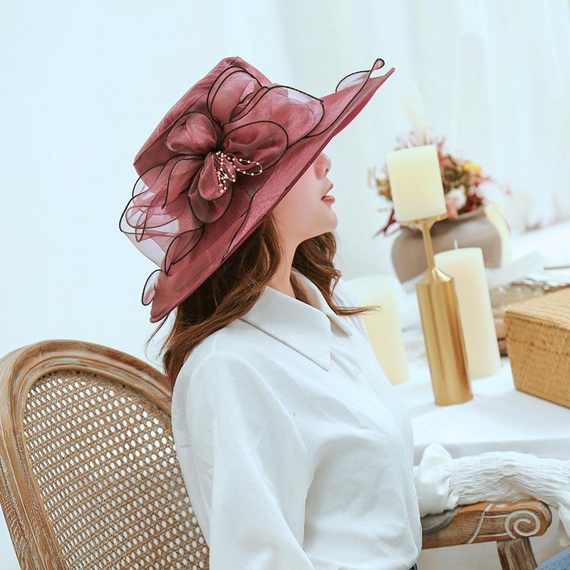 Damen Europäischer & Amerikanischer Sommer Hut mit breiter Krempe Organza Netz Sonnenhut