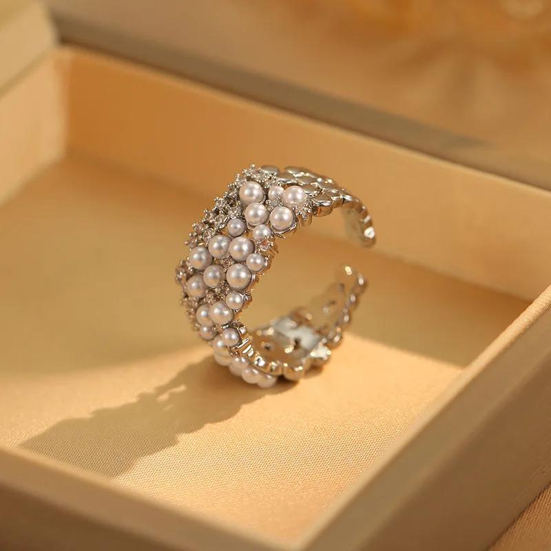 

925 Sterling Silver Zircon Pearl Round Rings for Women Minimalist Trendy Light Luxury Fine Jewelry Opening Accessories resizable