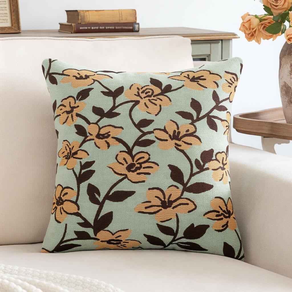 Vintage Floral Pillow Cover 45X45Cm Soft Chenille Jacquard Retro Blue Yellow Green Cushion Cover For Home Living Room Bedroom