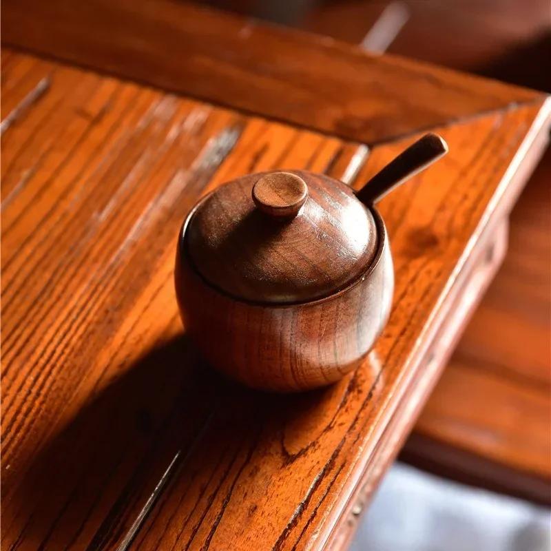 Wooden Seasoning Jar Salt Celler with Lid and Spoon Spice Pepper Seasoning Container Storage Box Kitchen Food Storage Tools