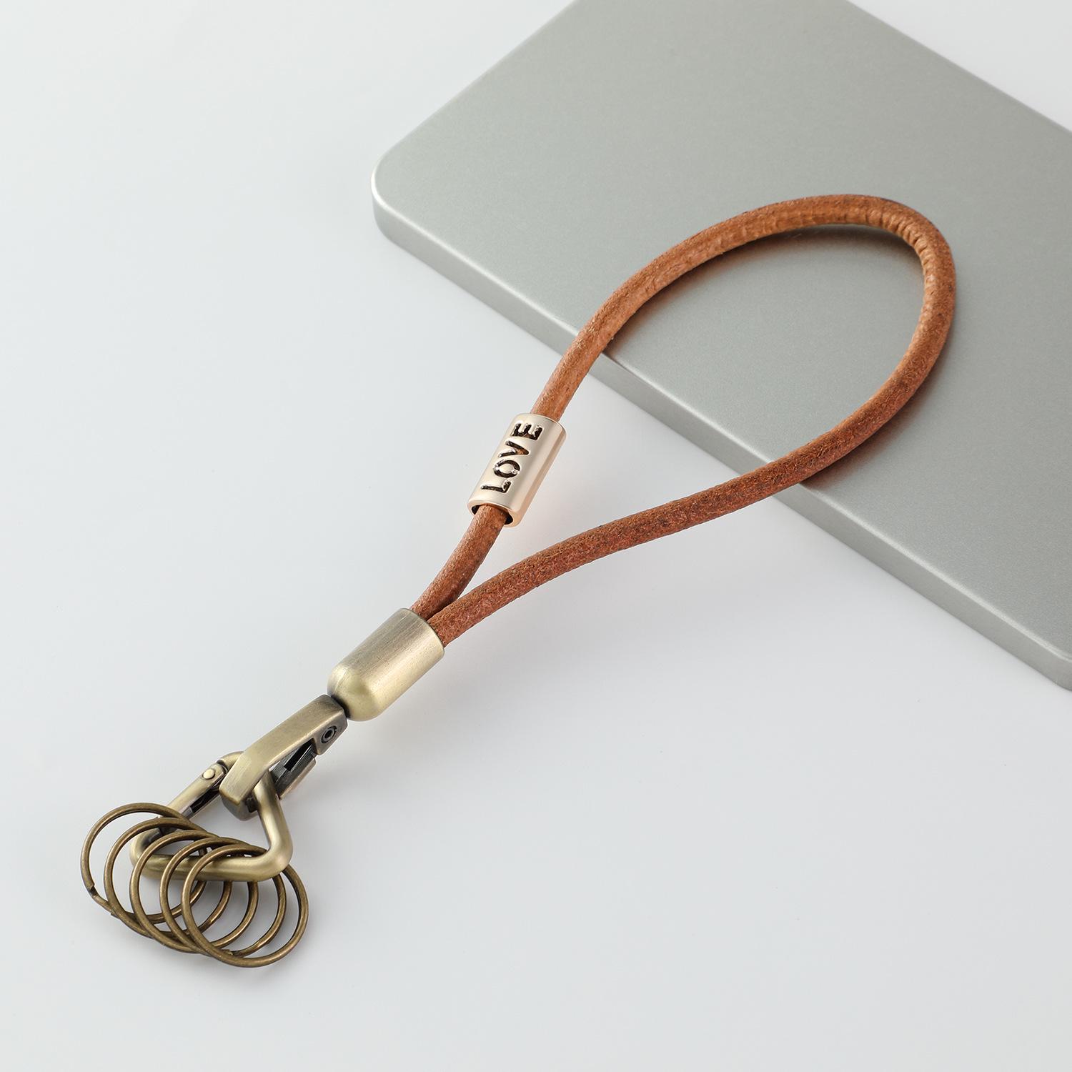 Elegant Hand-Woven Cowhide Keychain with Wrist Rope & Multiple Rings