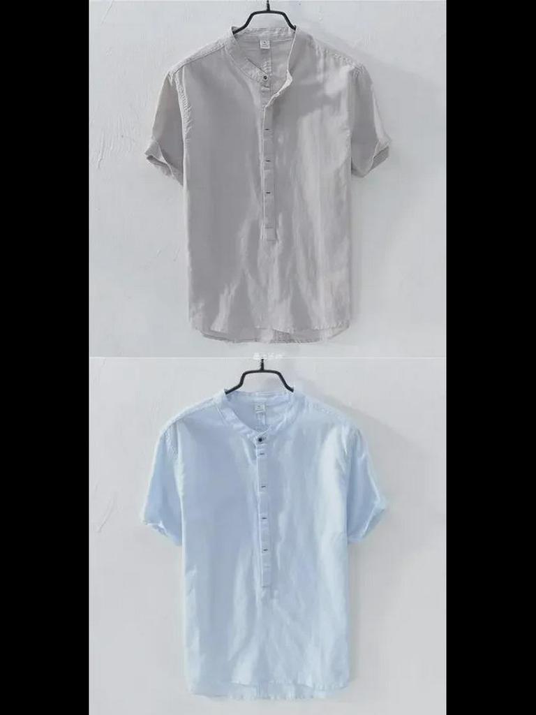 Men's Summer Casual Cotton-Linen Short Sleeve Stand Collar Shirt - Dark Blue Retro Chinese Style