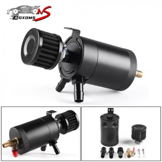 Black Universal 2-Port Oil Catch Can Tank Reservoir Drain Valve Breather Filter